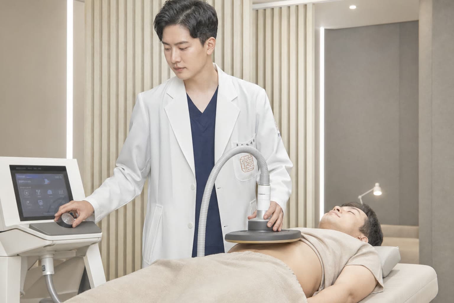 복부에 고주파 온열치료를 적용하는 모습