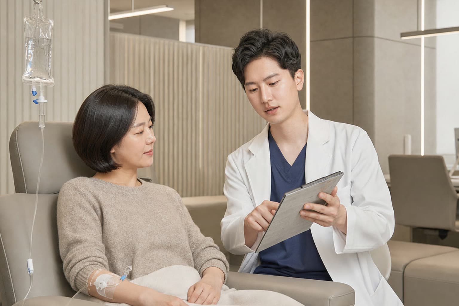 검사 결과를 확인하며 셀레늄 수액을 받는 모습