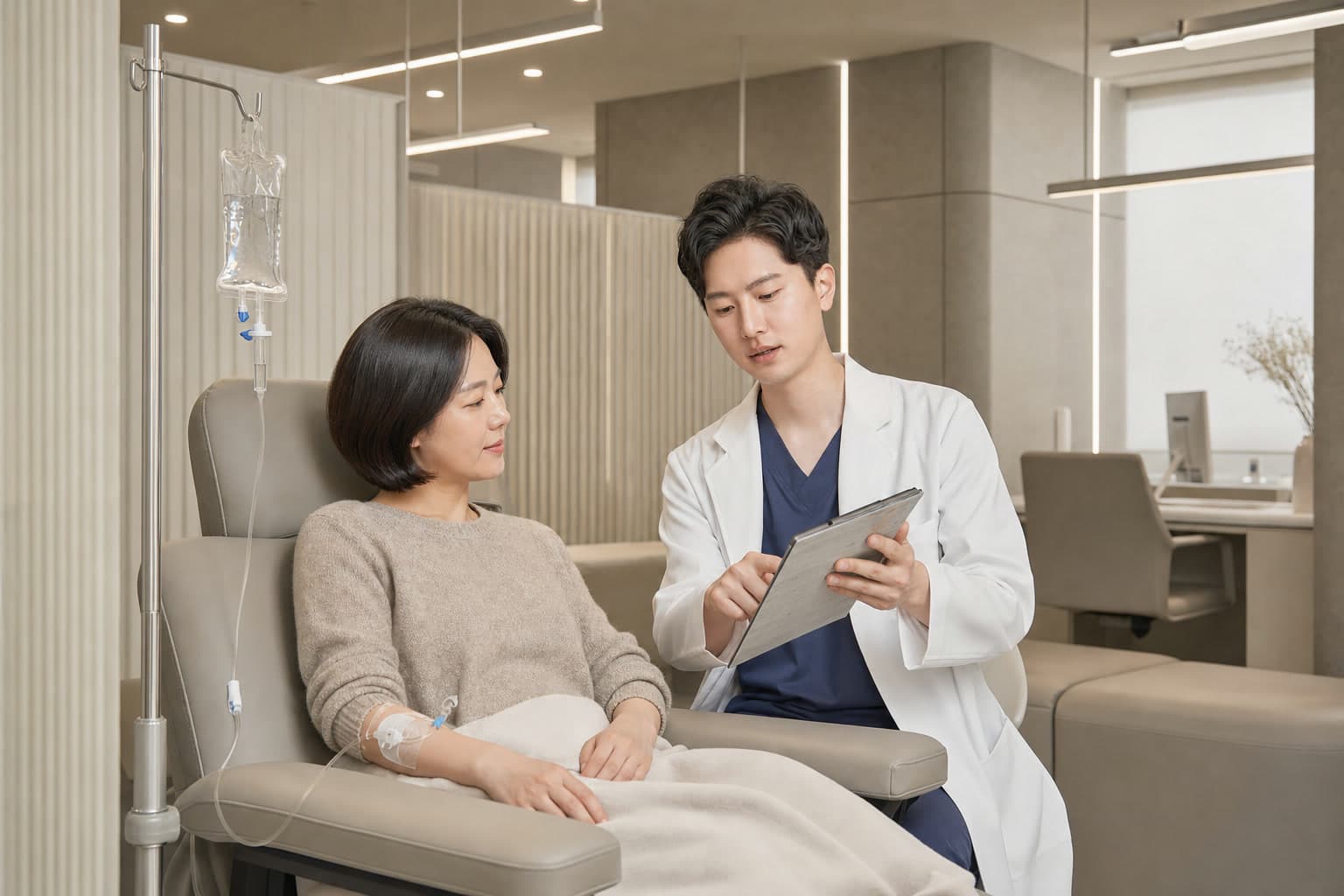 셀레늄 수액을 확인하며 치료를 진행하는 의료진과 환자