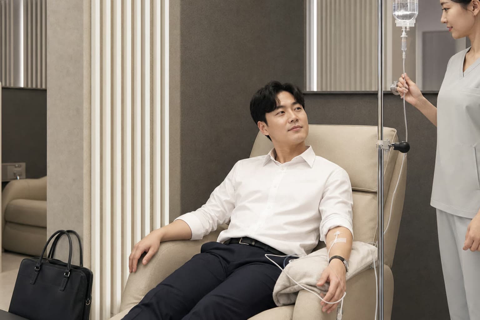 피로 회복 수액을 편안하게 받는 환자