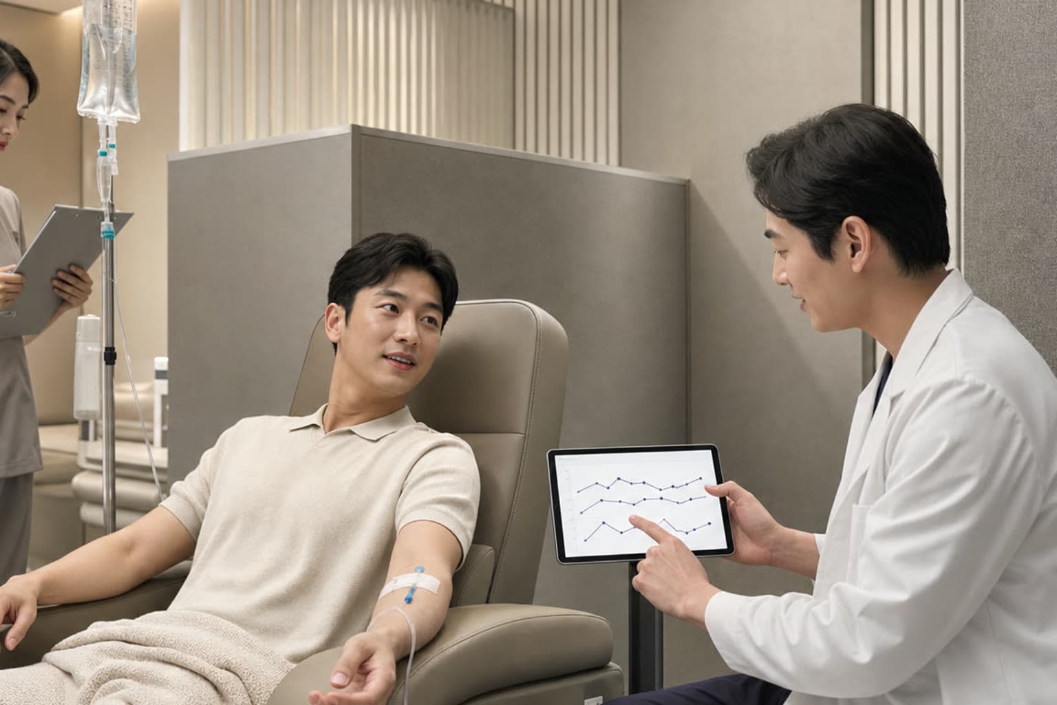 간기능 수치를 확인하며 감초 수액을 진행하는 모습