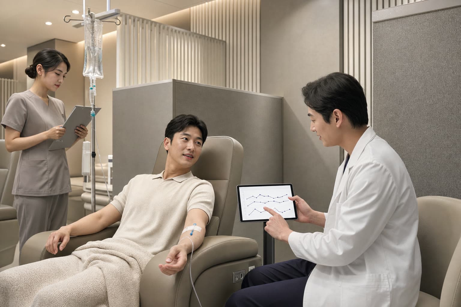 간기능 검사와 피로 회복 계획을 설명하는 진료