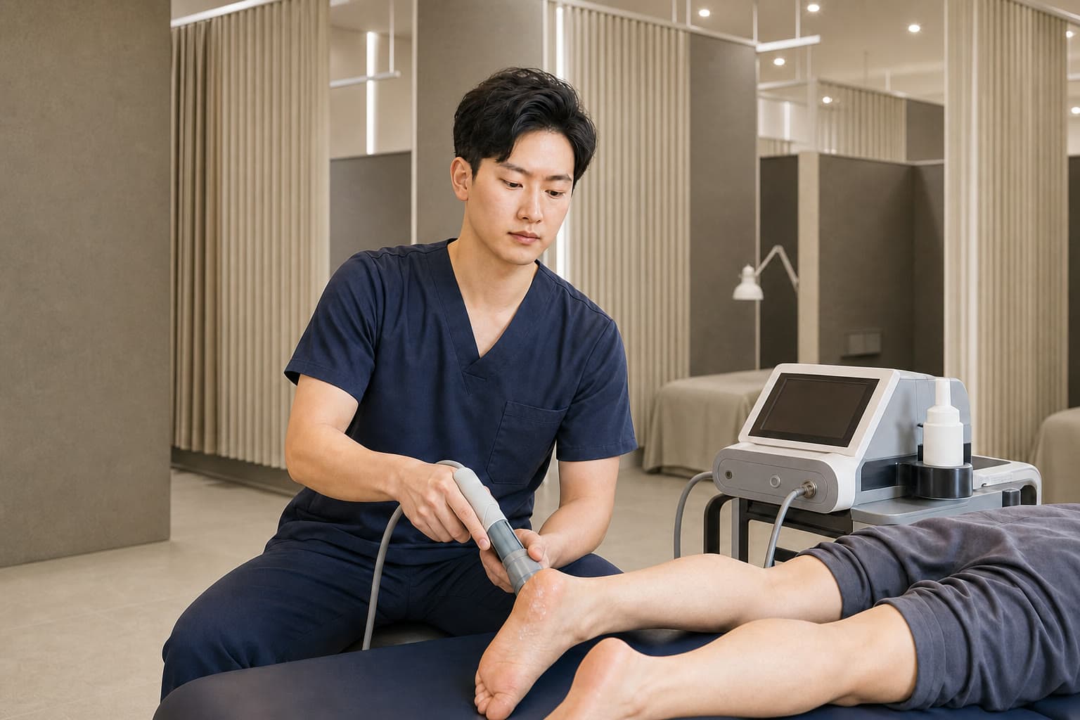 한가온 치료 공간에서 발뒤꿈치에 체외충격파를 시행하는 모습