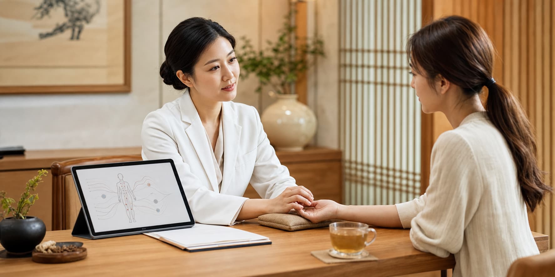 한의사가 환자의 손목을 받쳐 양손 맥을 살피며 상담하는 모습