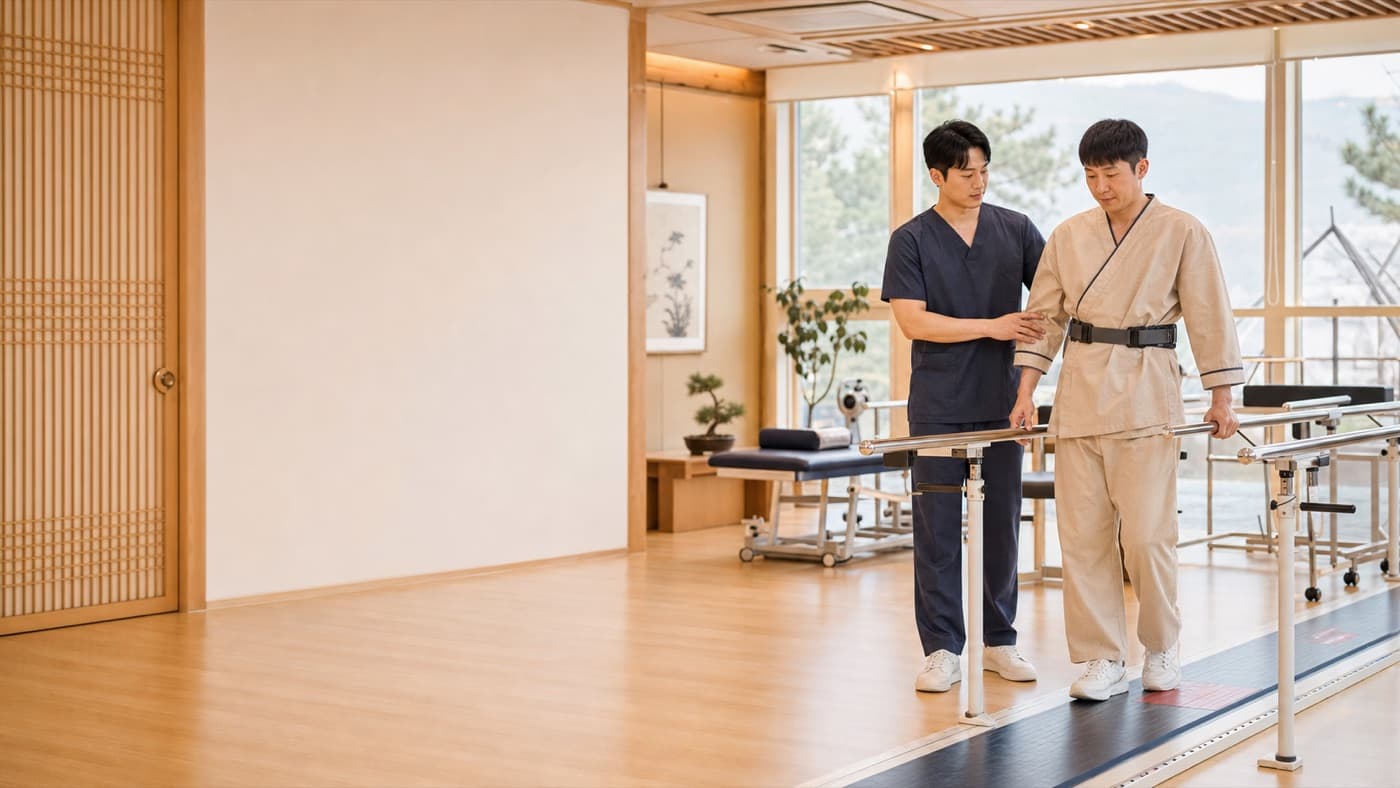 재활치료실에서 보행과 움직임을 회복하는 환자