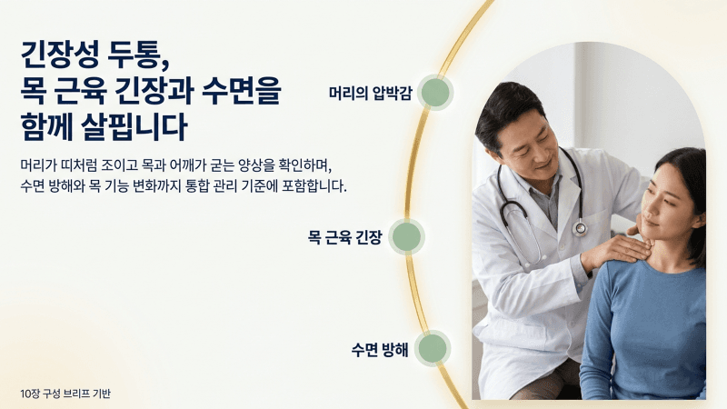 머리가 조이고 묵직한 긴장성 두통과 목 근육 관리 방법은 무엇인가요?