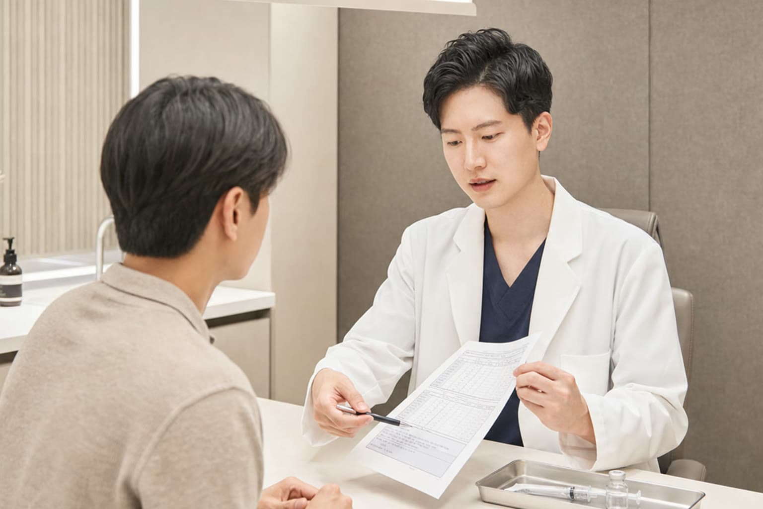 검사 결과에 맞춰 싸이모신 주사를 준비하는 모습