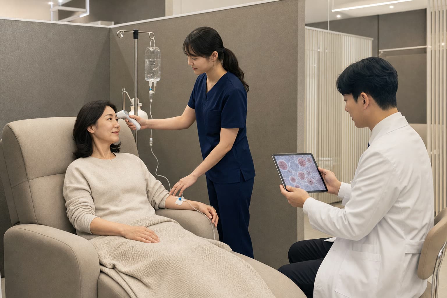 면역 회복 수액을 준비하고 환자 상태를 확인하는 의료진