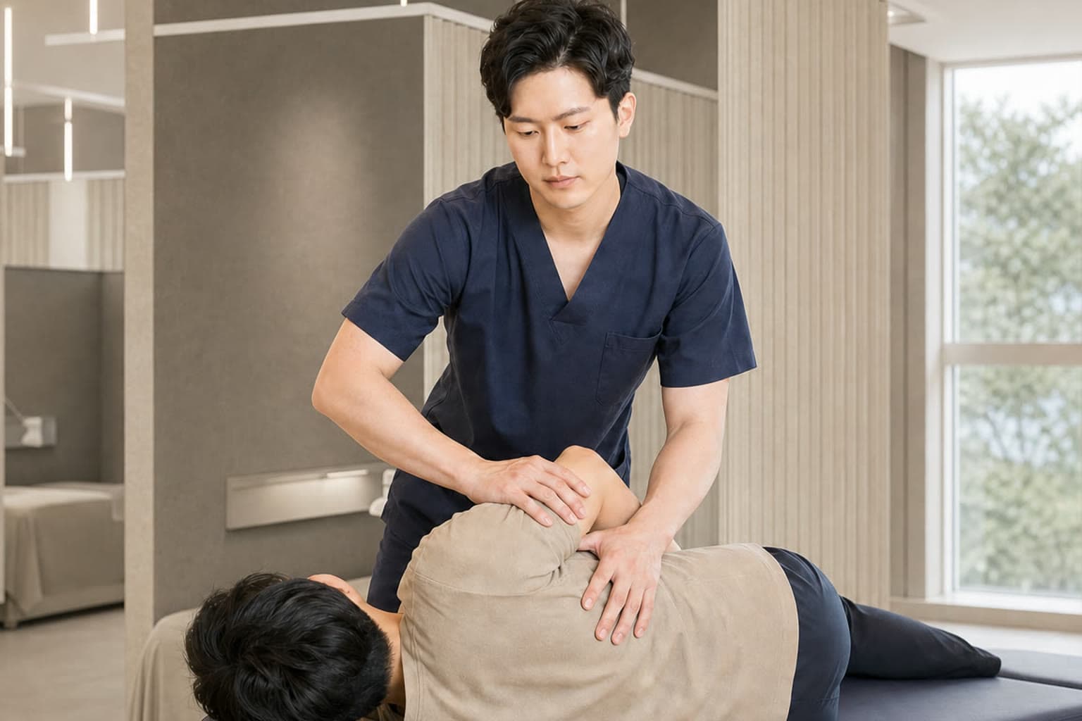 도수치료로 어깨 관절의 제한 방향을 확인하는 모습