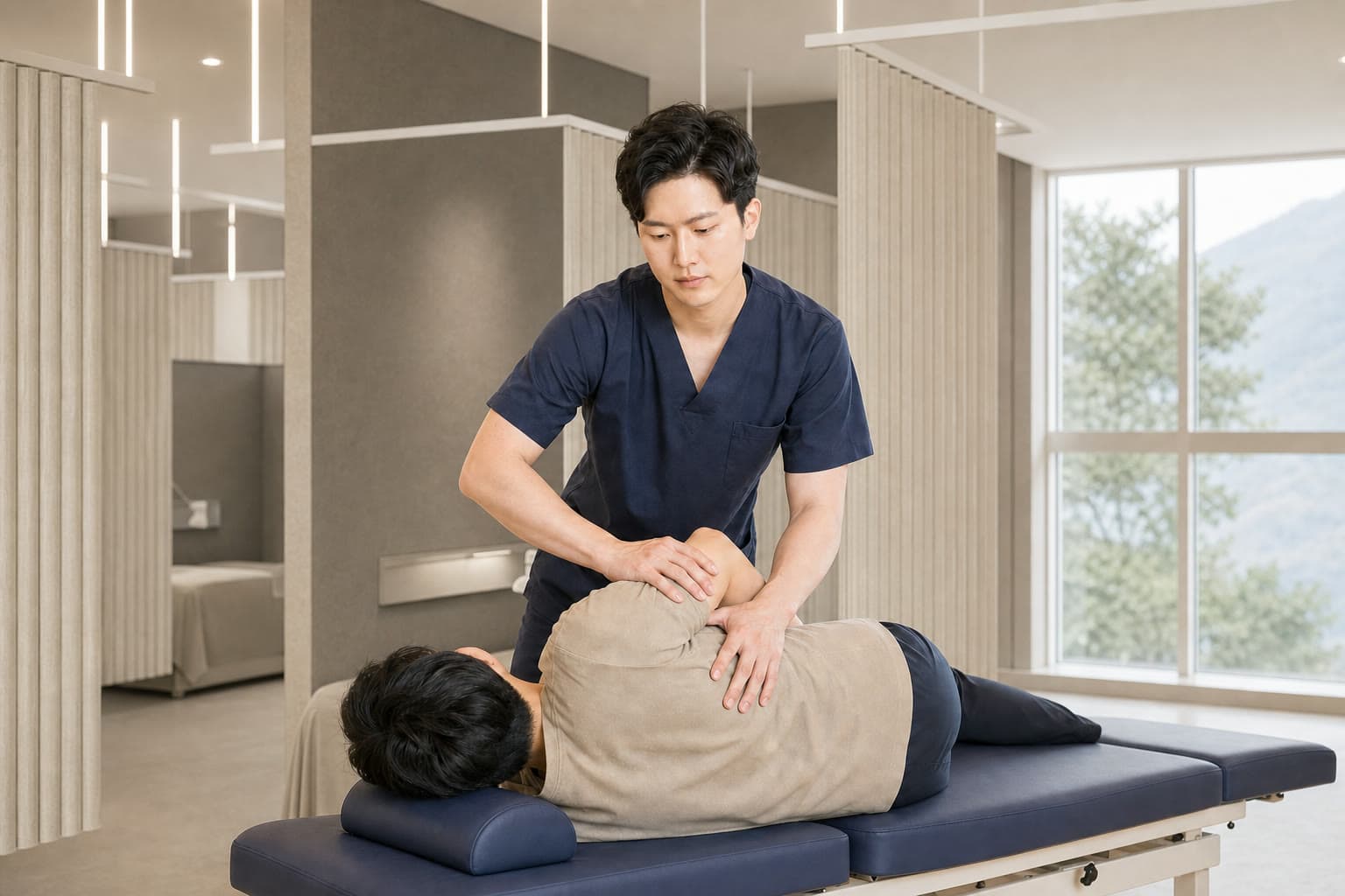 한가온 치료 공간에서 대표원장이 어깨 도수치료를 진행하는 모습