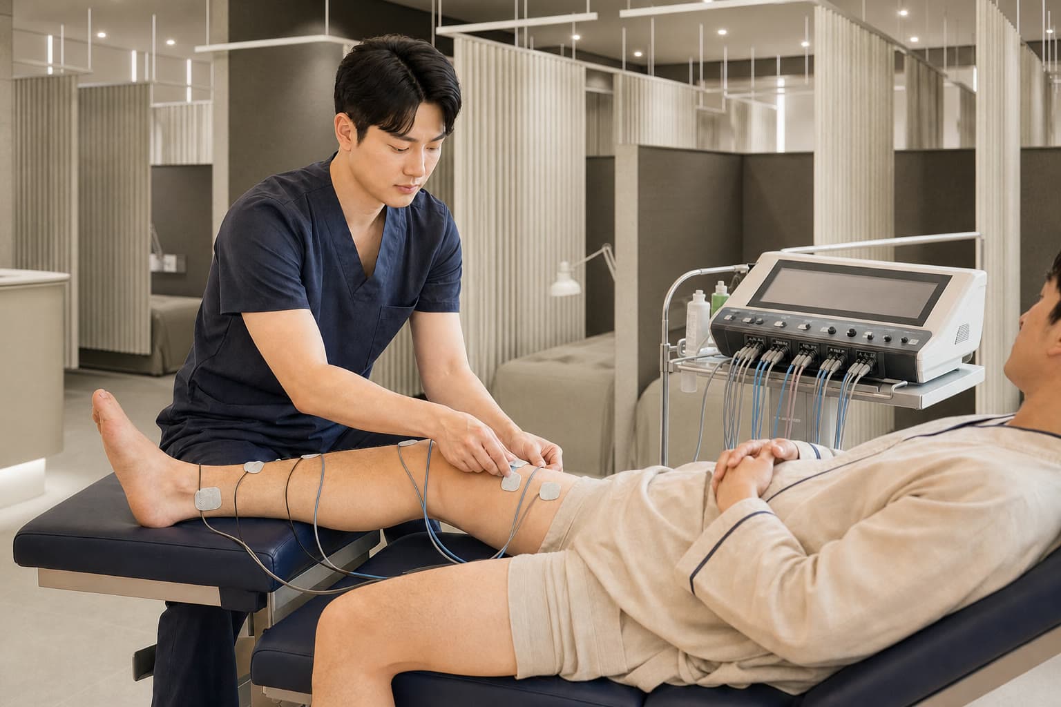 한가온 치료 공간에서 다리 신경 경로에 전극을 배치하는 페인스크램블러 치료