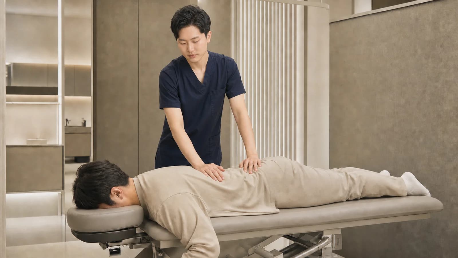한가온한방병원 치료실에서 골반과 허리 추나치료를 진행하는 모습