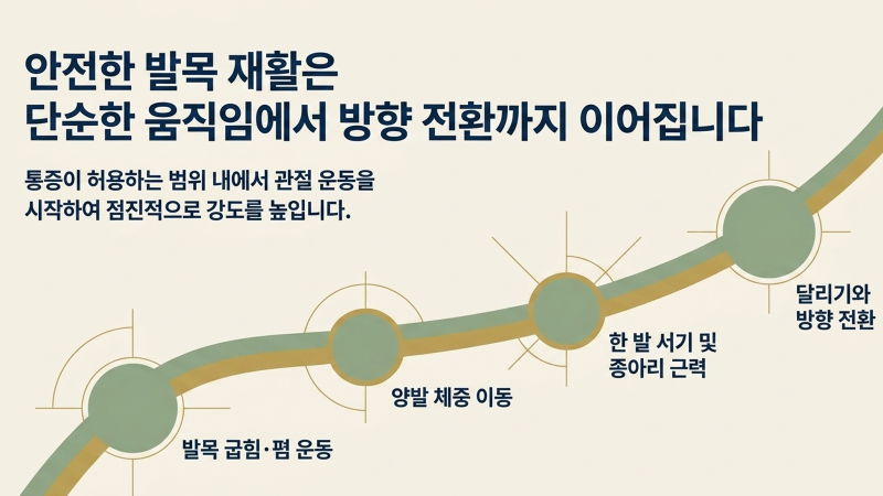 발목 염좌 치료 방법과 진료 순서를 정리한 안내 이미지입니다.
