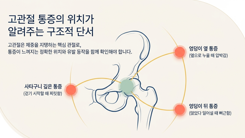 고관절 통증과 보행 불편 환자를 위한 진료 환경과 슬라이드 자료 이미지