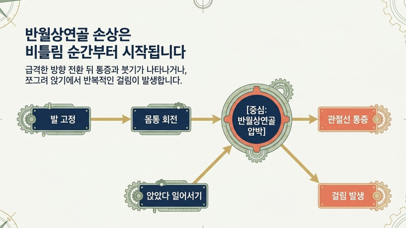 반월상연골 손상 정의와 증상에 대한 설명이 담긴 슬라이드 자료
