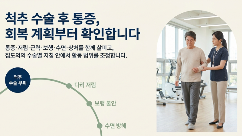척추 수술 뒤 통증과 보행 불안이 있을 때 살펴봐야 할 회복 계획을 안내하는 첫 번째 이미지