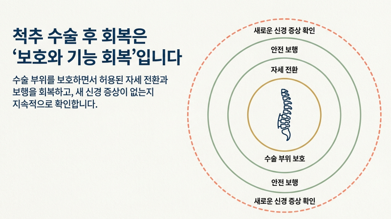 수술 부위 보호와 보행 허용 범위를 확인하는 과정을 보여주는 이미지