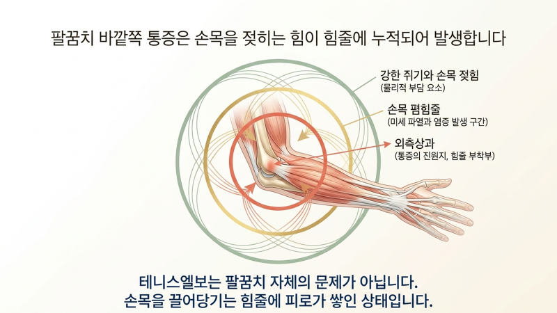 환자분들이 궁금해하는 테니스엘보 증상과 치료 방향을 정리한 두 번째 소개 이미지입니다.
