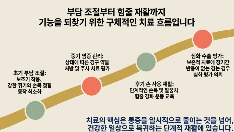 통증과 저림 증상이 동반될 때 주의해야 할 점을 안내하는 병원 홍보 이미지입니다.