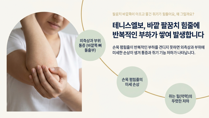 글의 도입부에서 윤여창 원장이 테니스엘보의 주요 원인과 관리 방법을 안내하는 배경 이미지입니다.