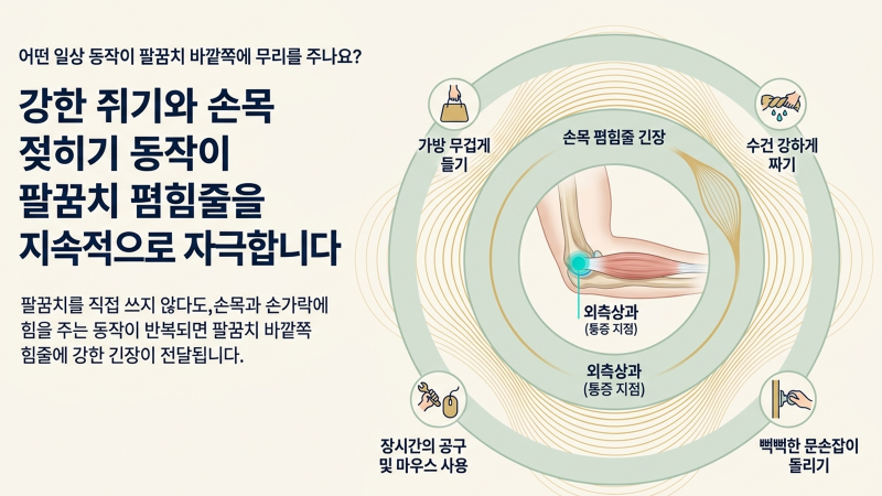 외측상과염으로 불리는 팔꿈치 통증의 발생 기전과 손목 사용 습관의 연관성을 보여주는 이미지입니다.