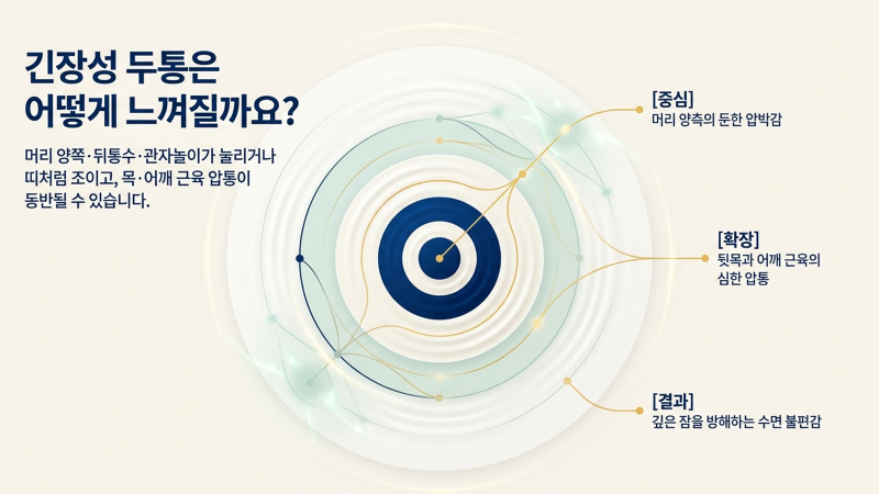 머리와 목 주변의 긴장을 완화하고 일상 속 자세를 점검하는 방법을 시각적으로 보여주는 일러스트입니다.