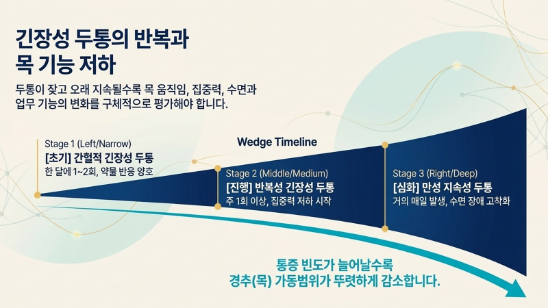 만성적인 두통으로 진행될 때 주의해야 할 악화 신호와 대처 방법을 안내하는 이미지입니다.