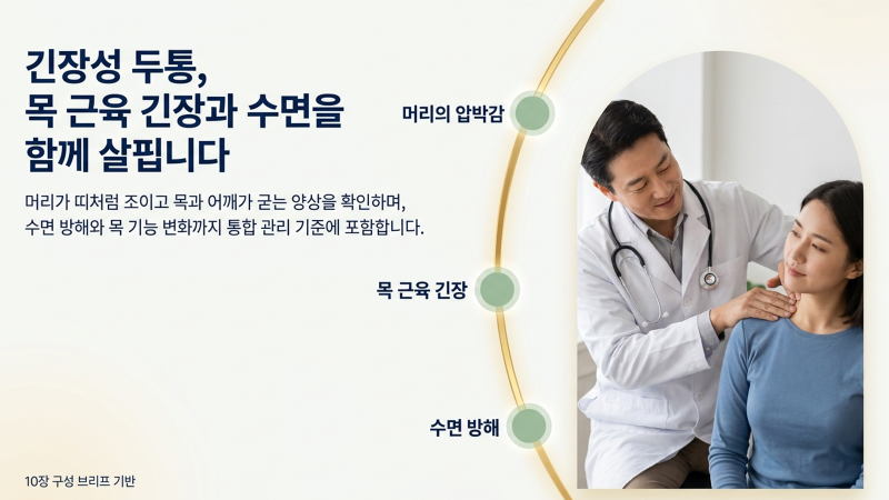 머리를 조이는 긴장성 두통과 목 근육 관리의 중요성을 나타내는 도입 이미지