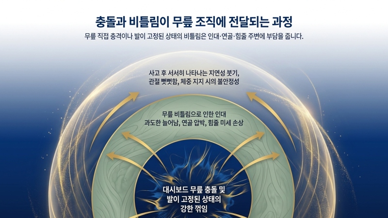 교통사고 후 무릎 통증과 수면 변화의 연관성을 설명하는 진료 현장 자료 화면