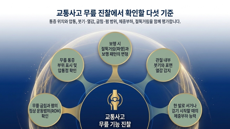 무릎 통증과 붓기 완화를 위한 단계별 회복 관리 과정을 보여주는 화면