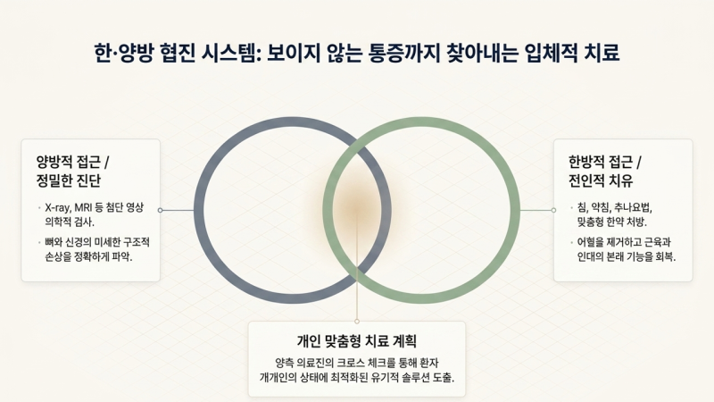 환자 상태에 따른 맞춤형 한방 및 양방 협진 치료 방법과 진료 순서를 보여주는 이미지