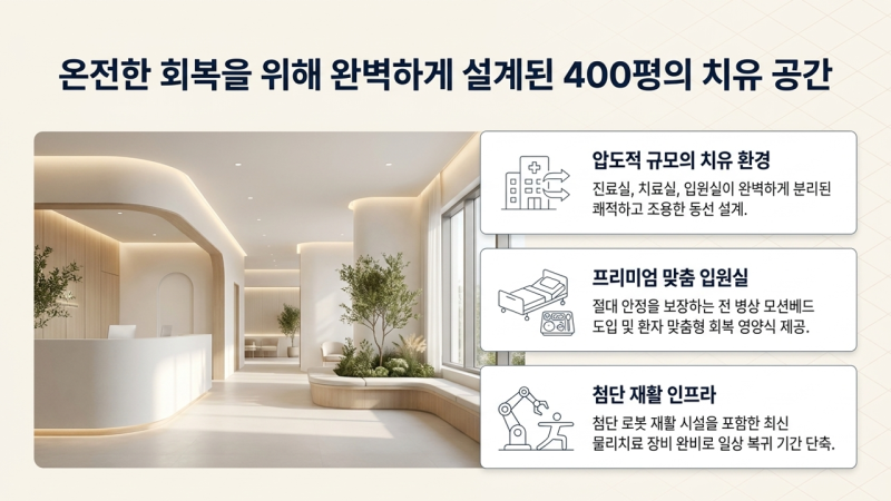 약 400평 규모의 넓은 공간과 모션베드가 설치된 쾌적한 입원실 및 재활 시설 안내 이미지